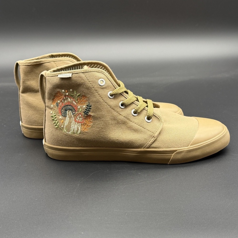 BANGS High Top Canvas Sneakers Embroidered Mushrooms Tan Unisex Shoe M 8.5 W 10